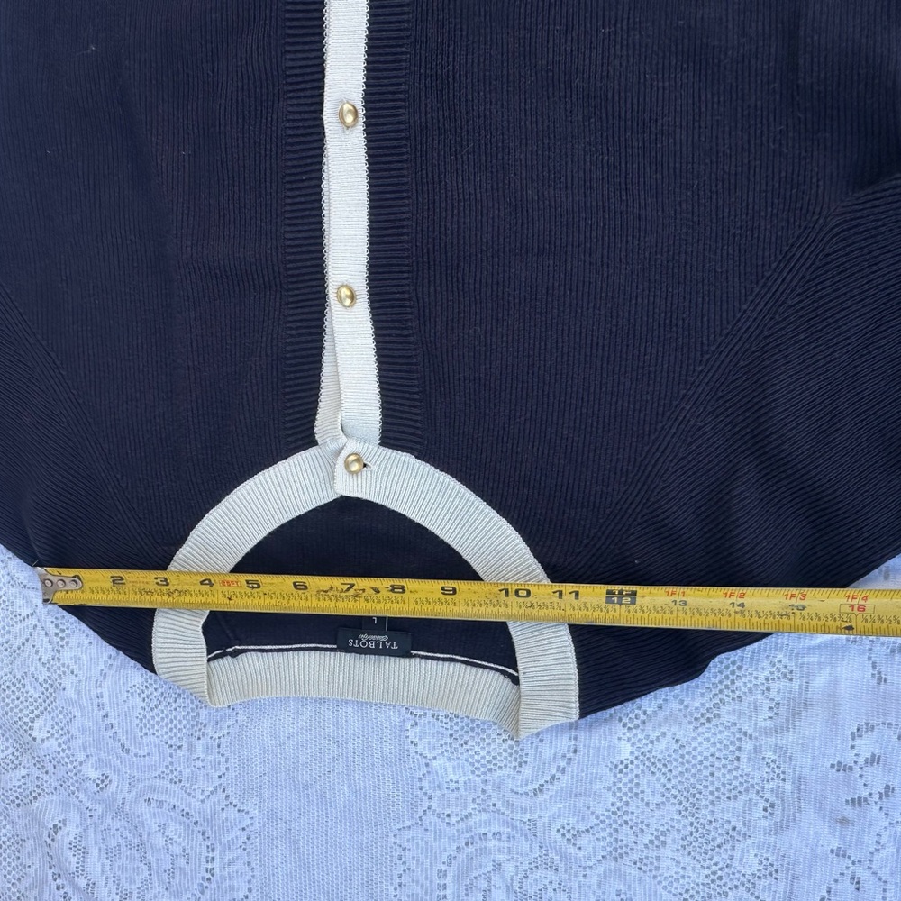 Talbots Navy and Cream Button-Down Cardigan - Picture 2 of 7